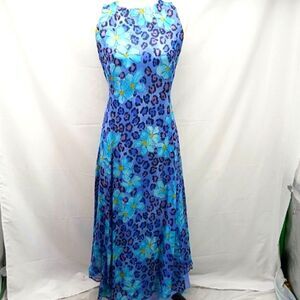 Crossing Pointe Blue Floral & Leopard Print Silk Maxi Dress Lined Sleeveless 14.